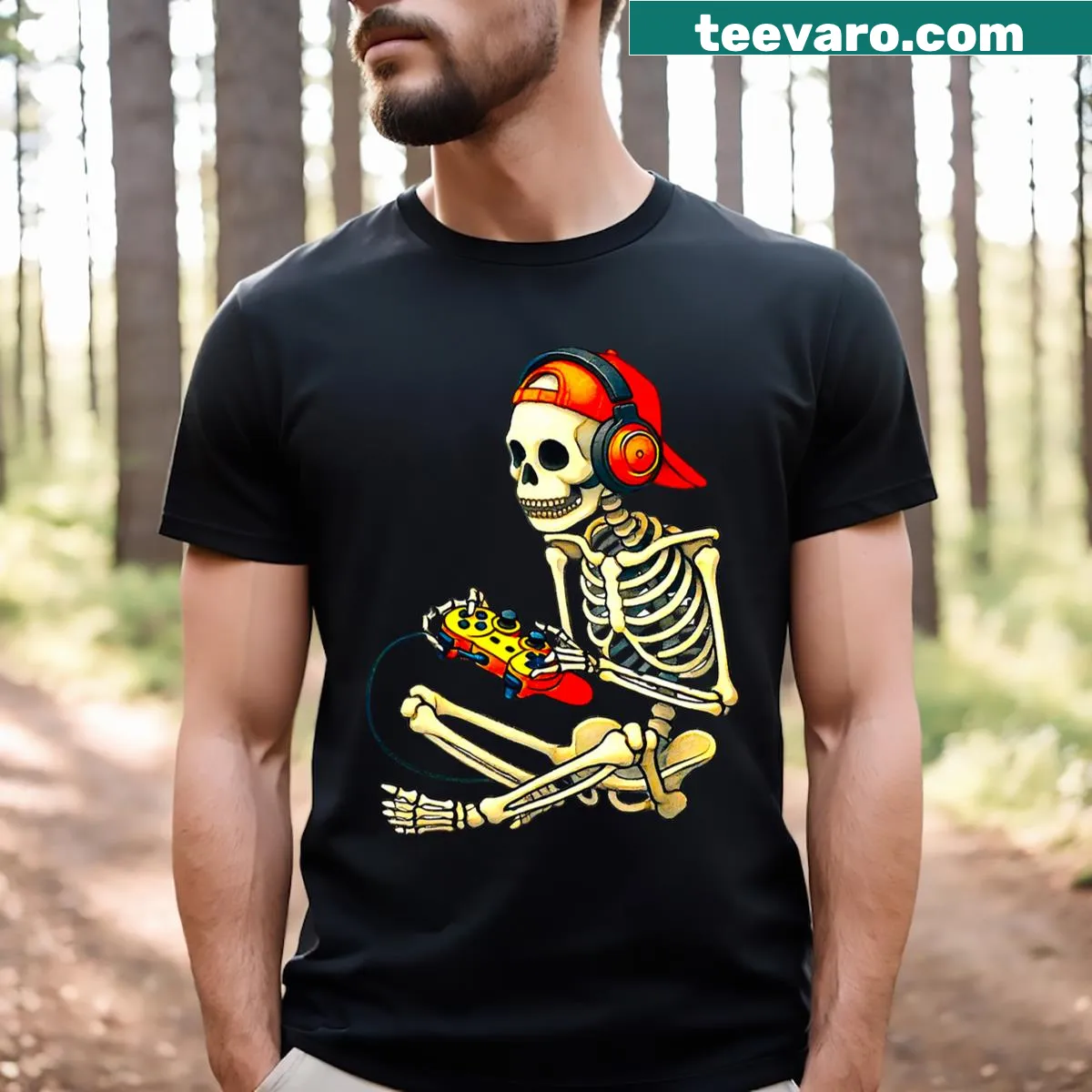 Skeleton gamer t-shirt designed for Halloween with video game theme — on a men's t-shirt