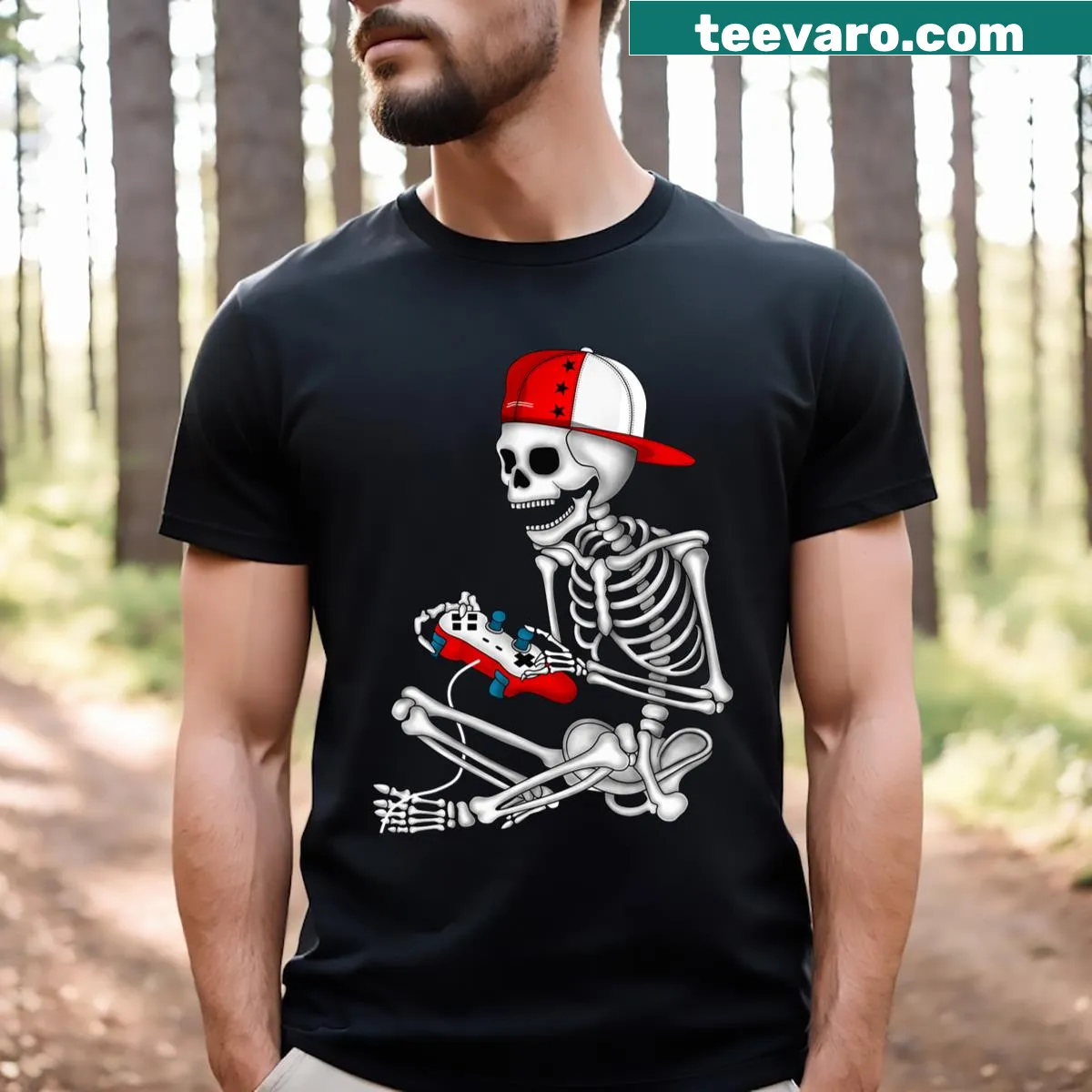 Halloween-themed t-shirt featuring a skeleton gamer, ideal for gamers — on a men's t-shirt