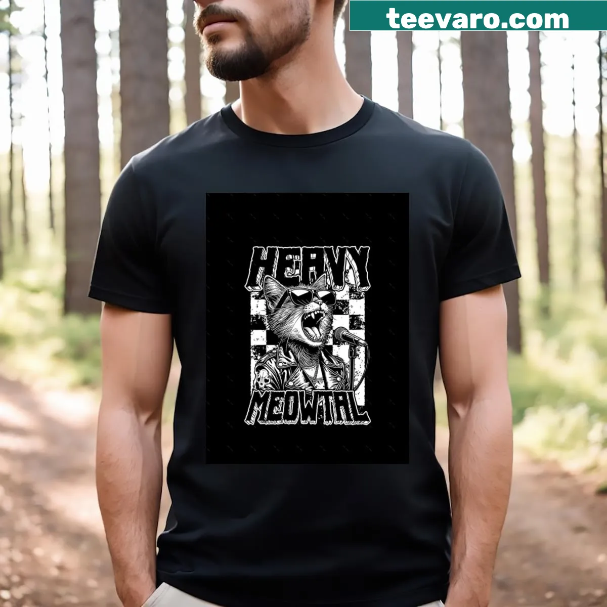 Funny cat musician graphic on a metal music T-shirt — on a men's t-shirt