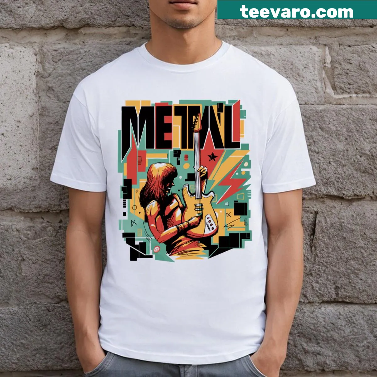 T-shirt featuring a guitar graphic representing heavy metal music — on a men's t-shirt