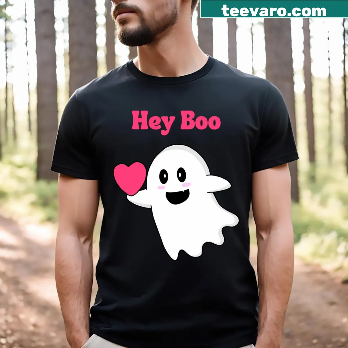 Cute 'Hey Boo!' text graphic on casual T-shirt — on a men's t-shirt