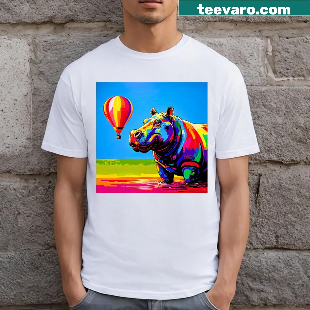 Pop art T-shirt with hippopotamus in a hot air balloon design — on a men's t-shirt
