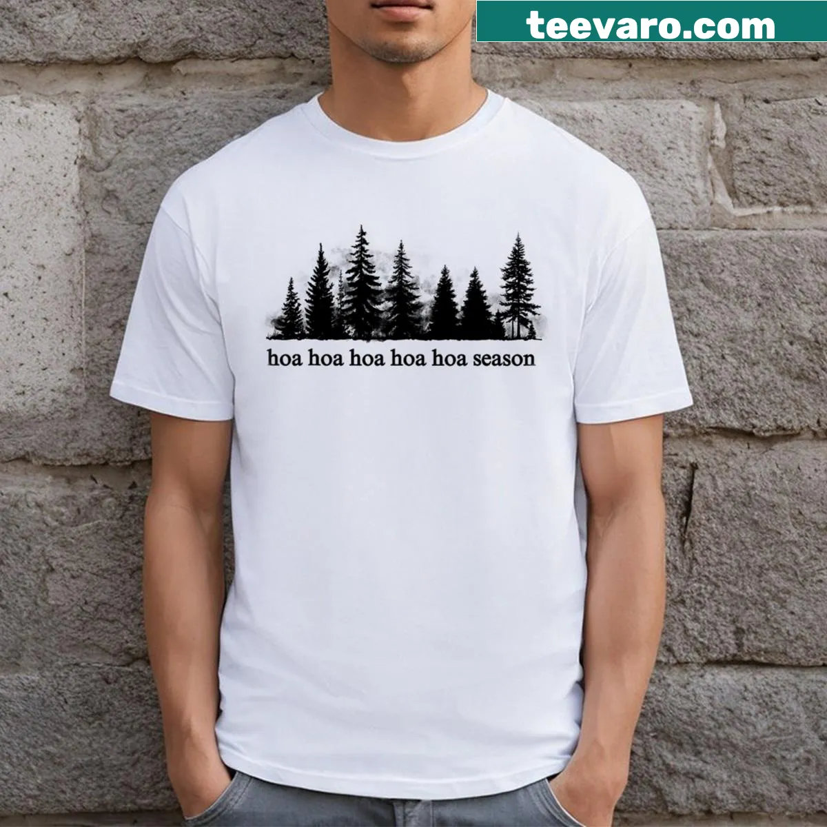 Illustrated T-shirt showcasing a cozy twilight scene in a pine forest — on a men's t-shirt