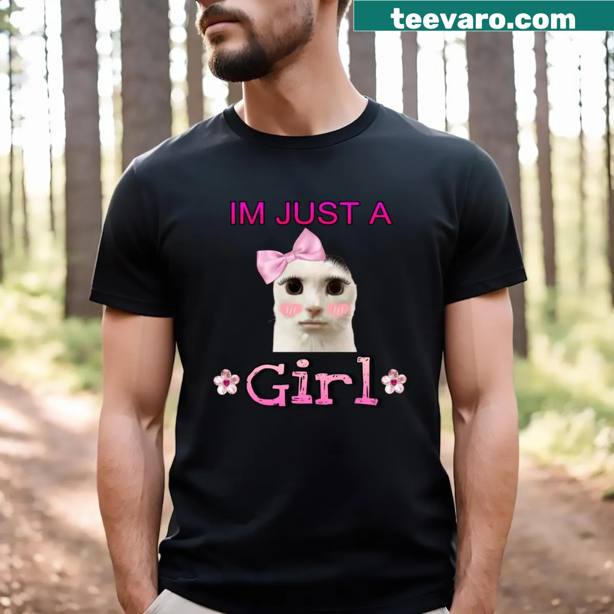 Cute cat meme T-shirt with text about being a girl — on a men's t-shirt