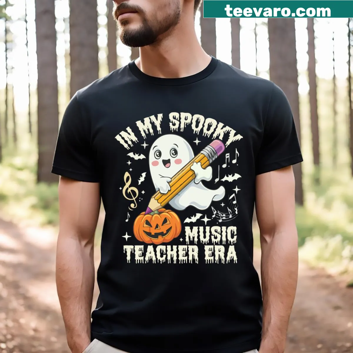 Cute Halloween T-shirt for music teachers with spooky graphic — on a men's t-shirt