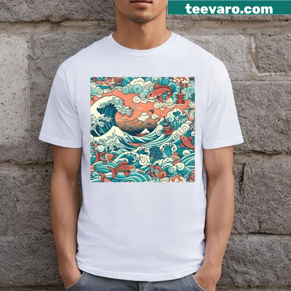 T-shirt with unique Japanese fabric pattern in line-art style