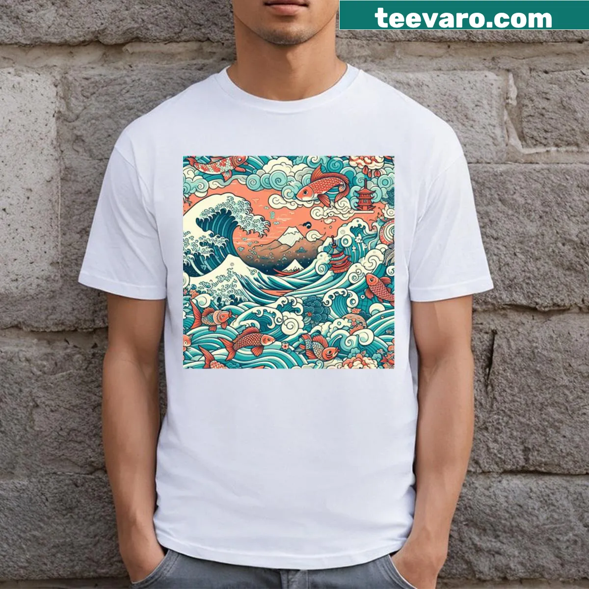 T-shirt with unique Japanese fabric pattern in line-art style — on a men's t-shirt