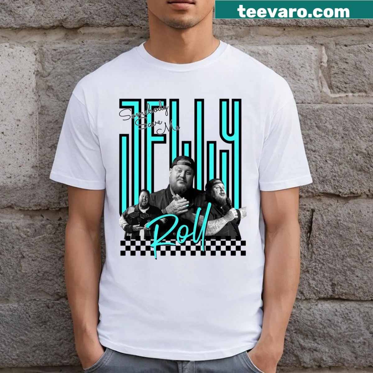 Essential T-shirt featuring 'Somebody Save Me' in bold typography — on a men's t-shirt