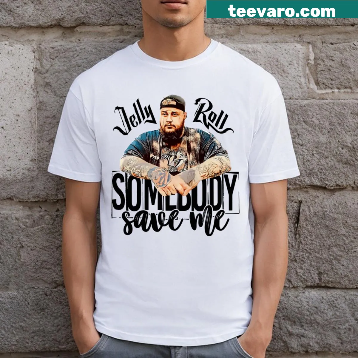 Vintage T-shirt featuring Jelly Roll's 'Somebody Save Me' text — on a men's t-shirt