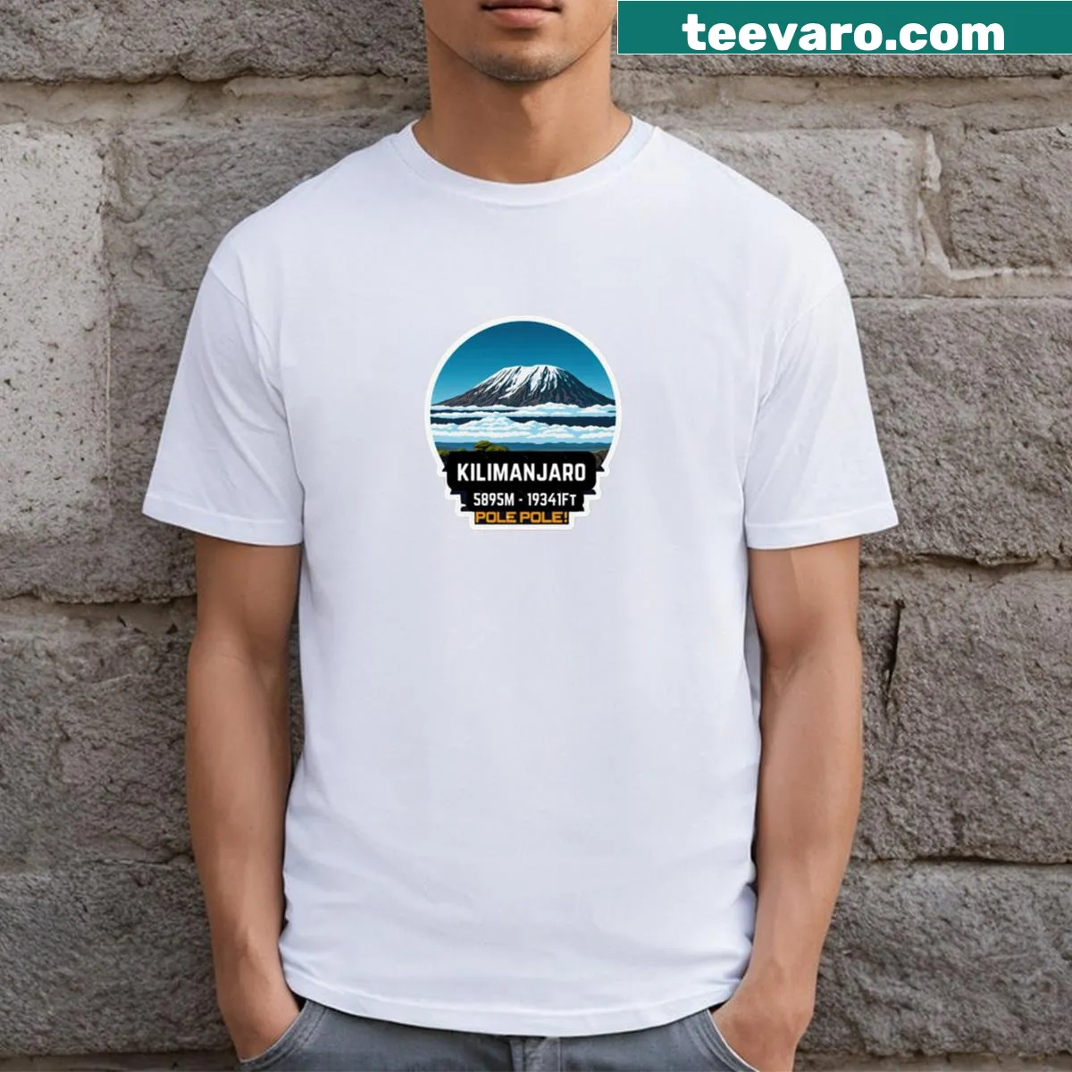 Sticker design T-shirt inspired by Kilimanjaro — on a men's t-shirt