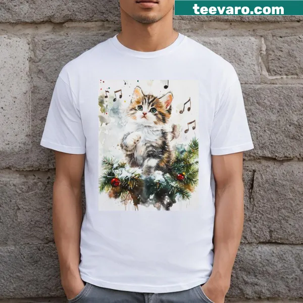 Cute T-shirt with festive kittens and music notes for Christmas