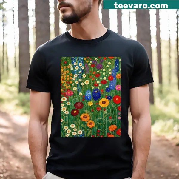 T-shirt showcasing Klimt's Flower Garden artwork with flowers