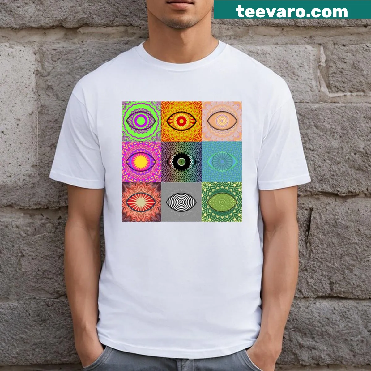 Mandala eye grid graphic t-shirt — on a men's t-shirt