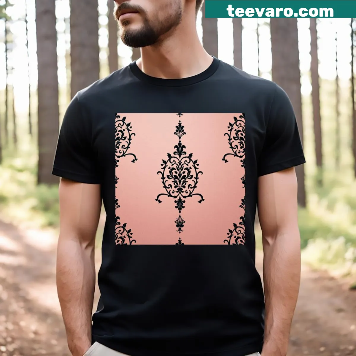 Matte pink damask pattern graphic t-shirt — on a men's t-shirt