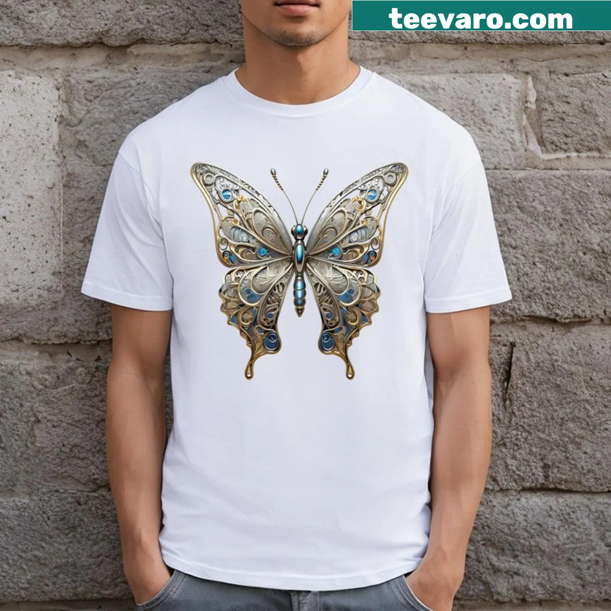 Illustrated T-shirt featuring a metallic butterfly design — on a men's t-shirt