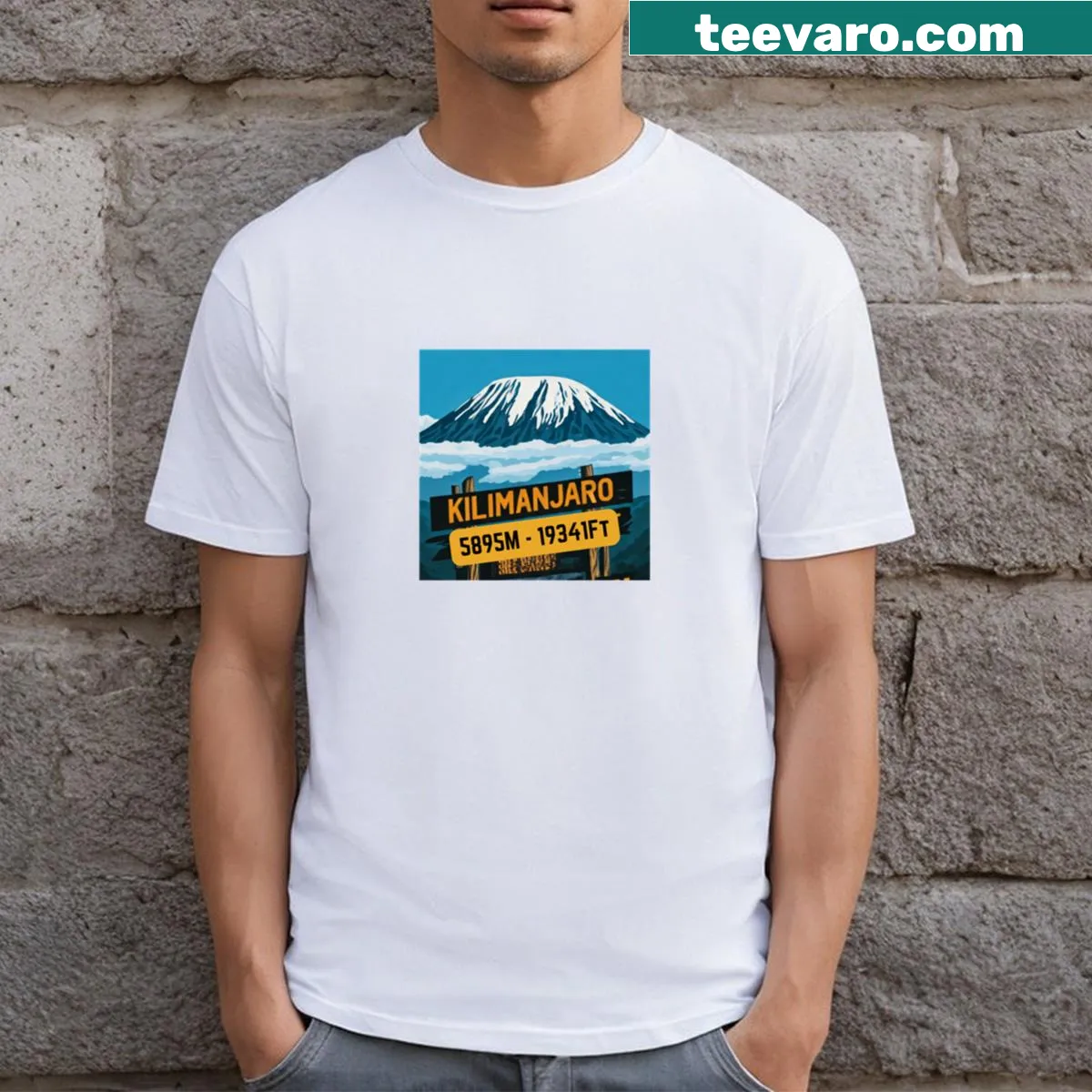 Illustrated sticker design of Mount Kilimanjaro on T-shirt — on a men's t-shirt