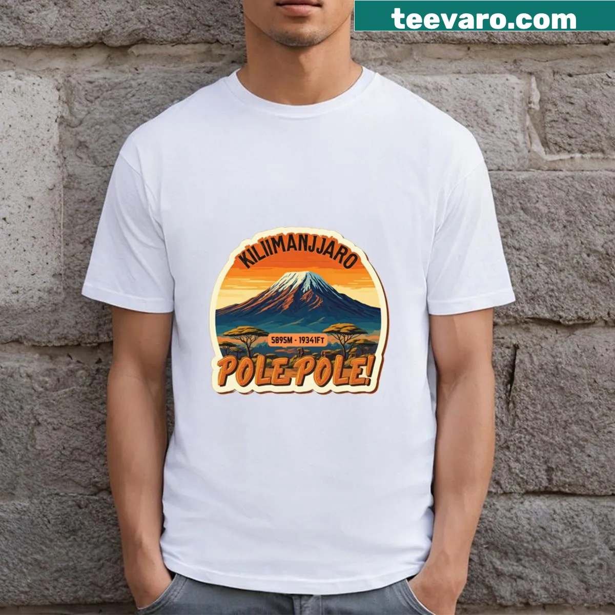 Unique sticker-style Mount Kilimanjaro T-shirt design — on a men's t-shirt