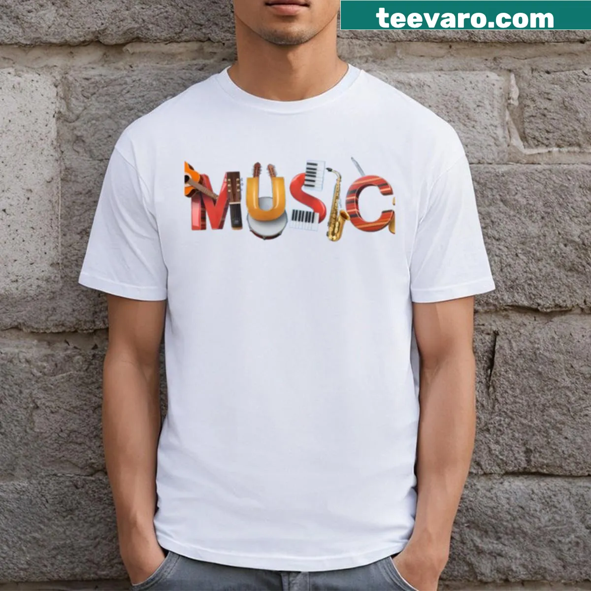 Typography design celebrating music on a t-shirt — on a men's t-shirt