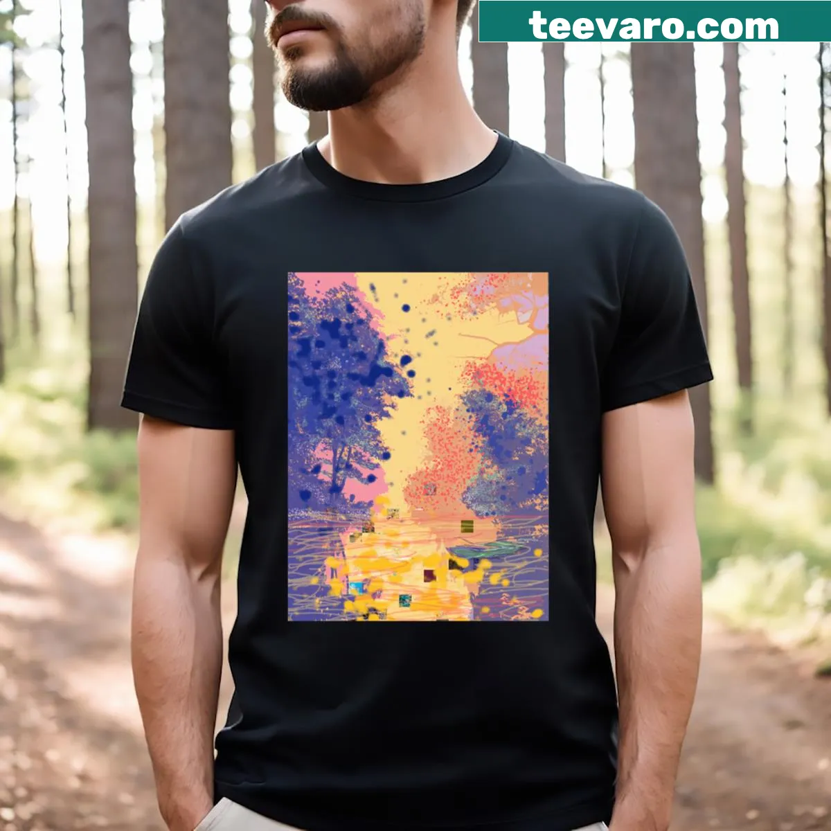 Dreamy river scene graphic on a t-shirt — on a men's t-shirt