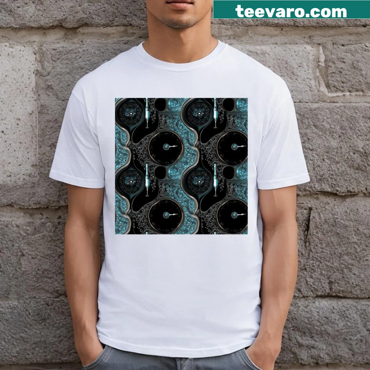 Neon Yin Yang design with futuristic clock and champagne motifs — on a men's t-shirt