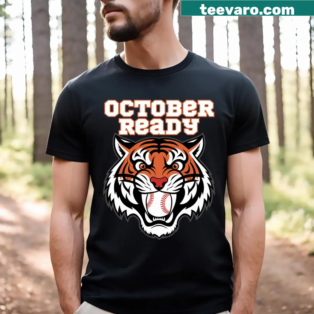 Playful T-shirt celebrating October baseball with team design — on a men's t-shirt