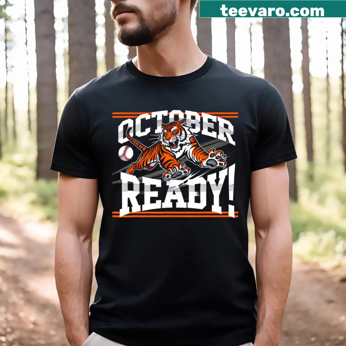 Funny tiger baseball fan t-shirt for October. — on a men's t-shirt