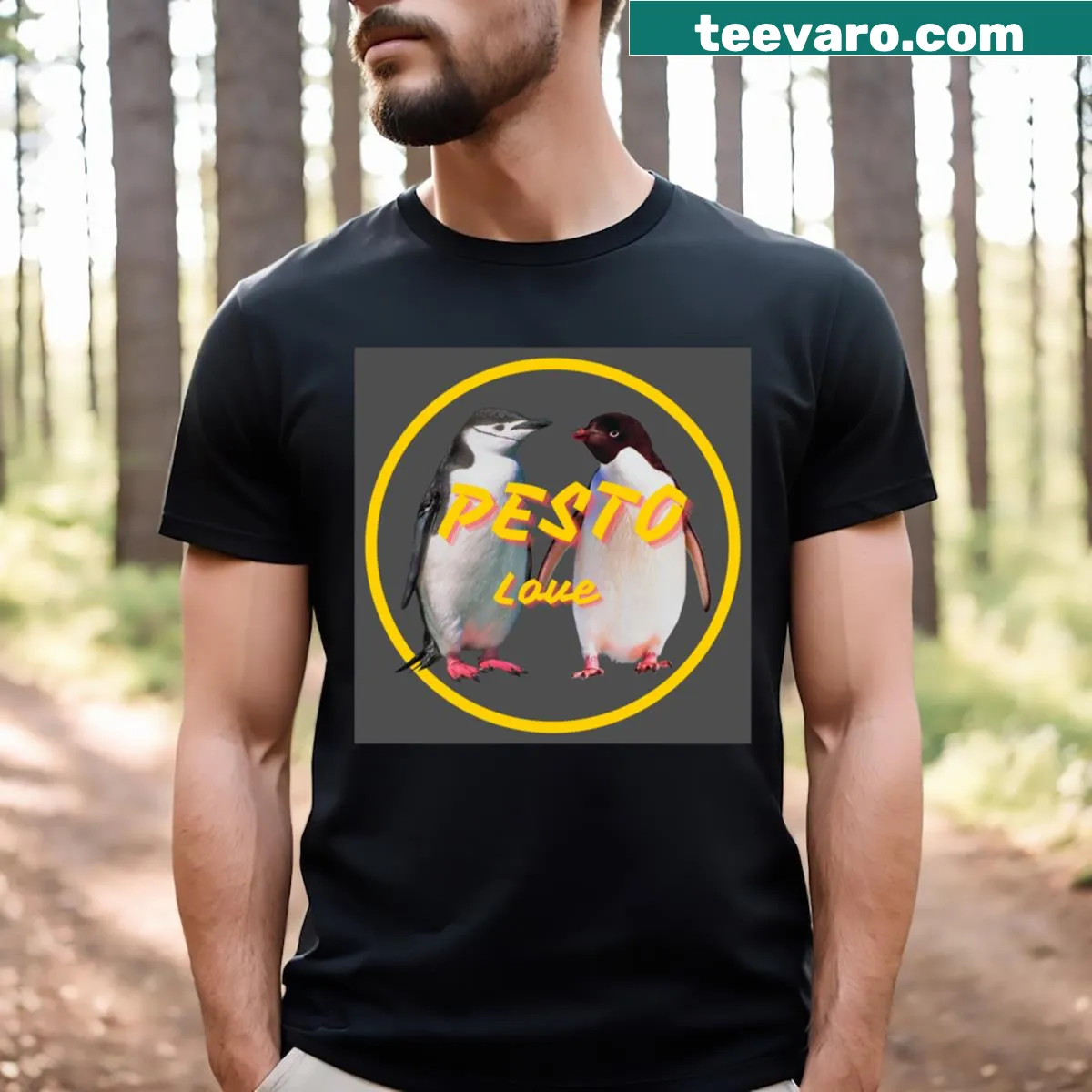 T-shirt featuring a graphic celebrating pesto — on a men's t-shirt