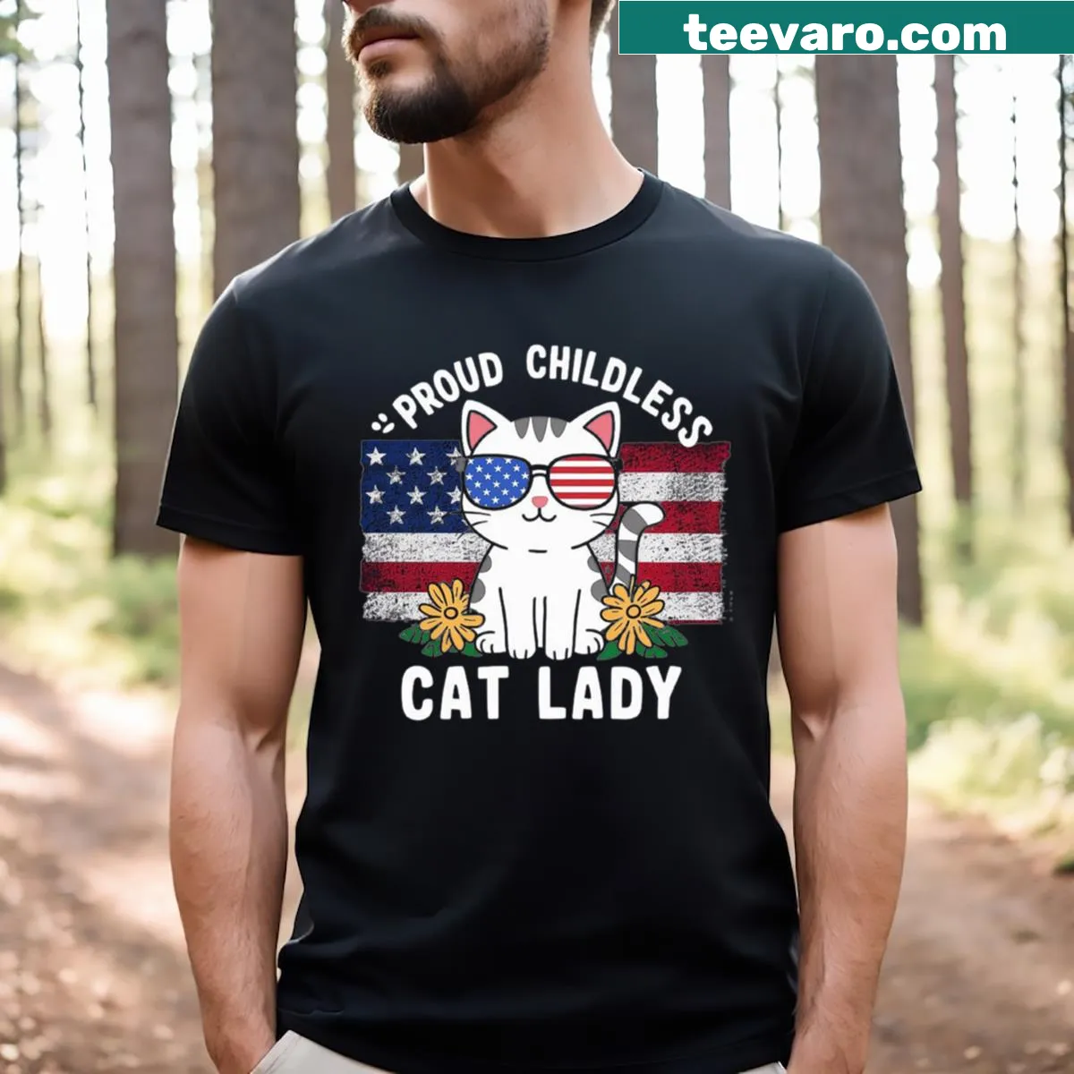Illustration of a cat with American flag and text 'Proud Childless Cat Lady' — on a men's t-shirt