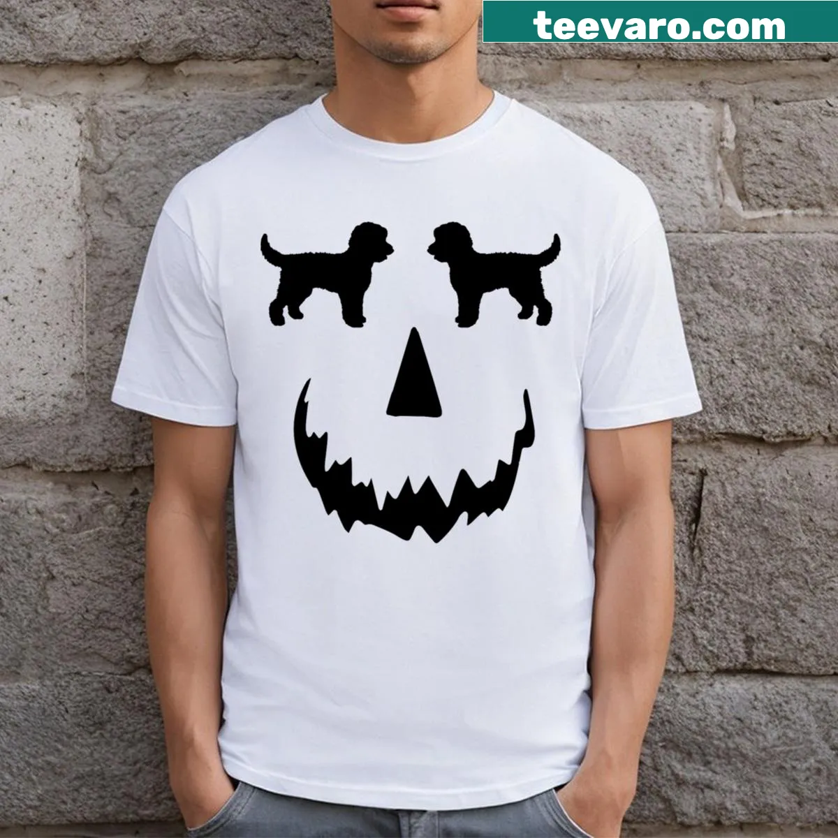Cartoon T-shirt featuring a Goldendoodle and pumpkins for Halloween — on a men's t-shirt