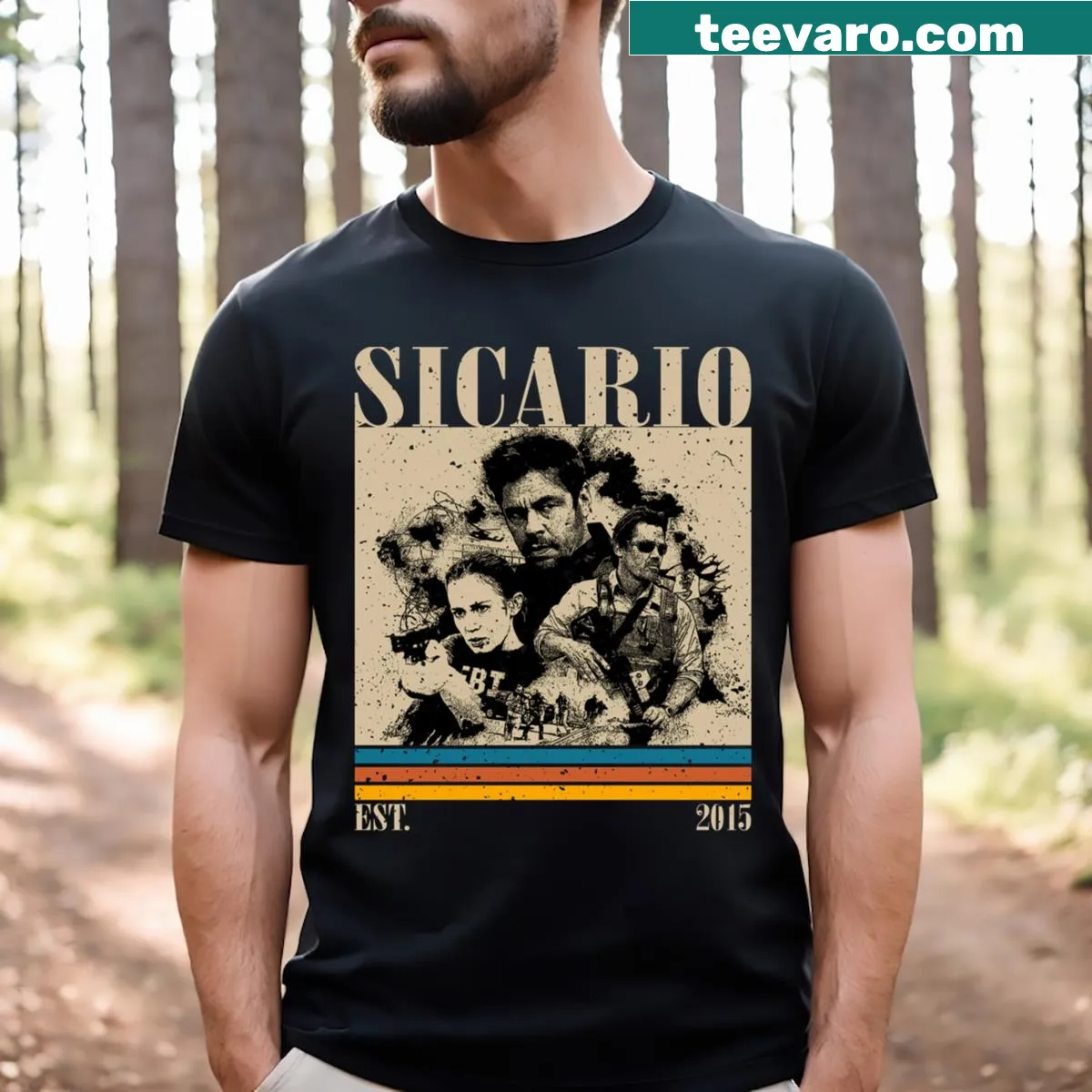 Vintage-style Sicario 2015 film tribute graphic T-shirt — on a men's t-shirt