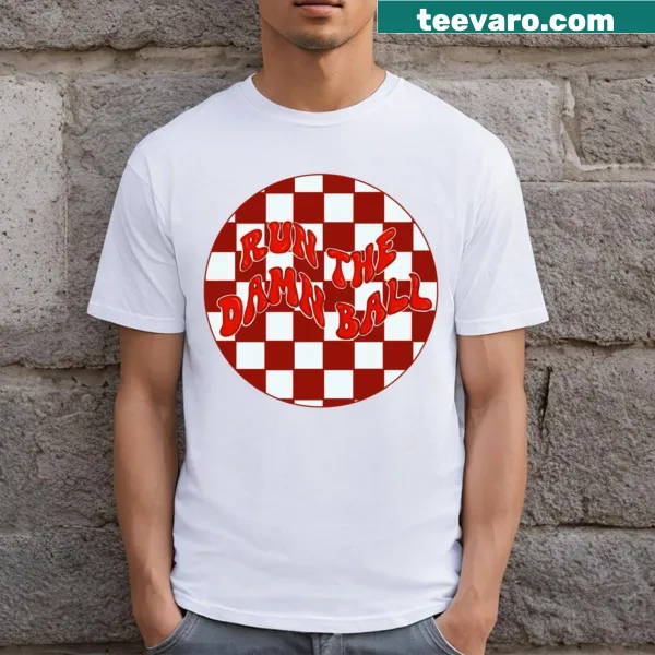Bold typography T-shirt with the phrase 'Run The Ball' for sports fans.