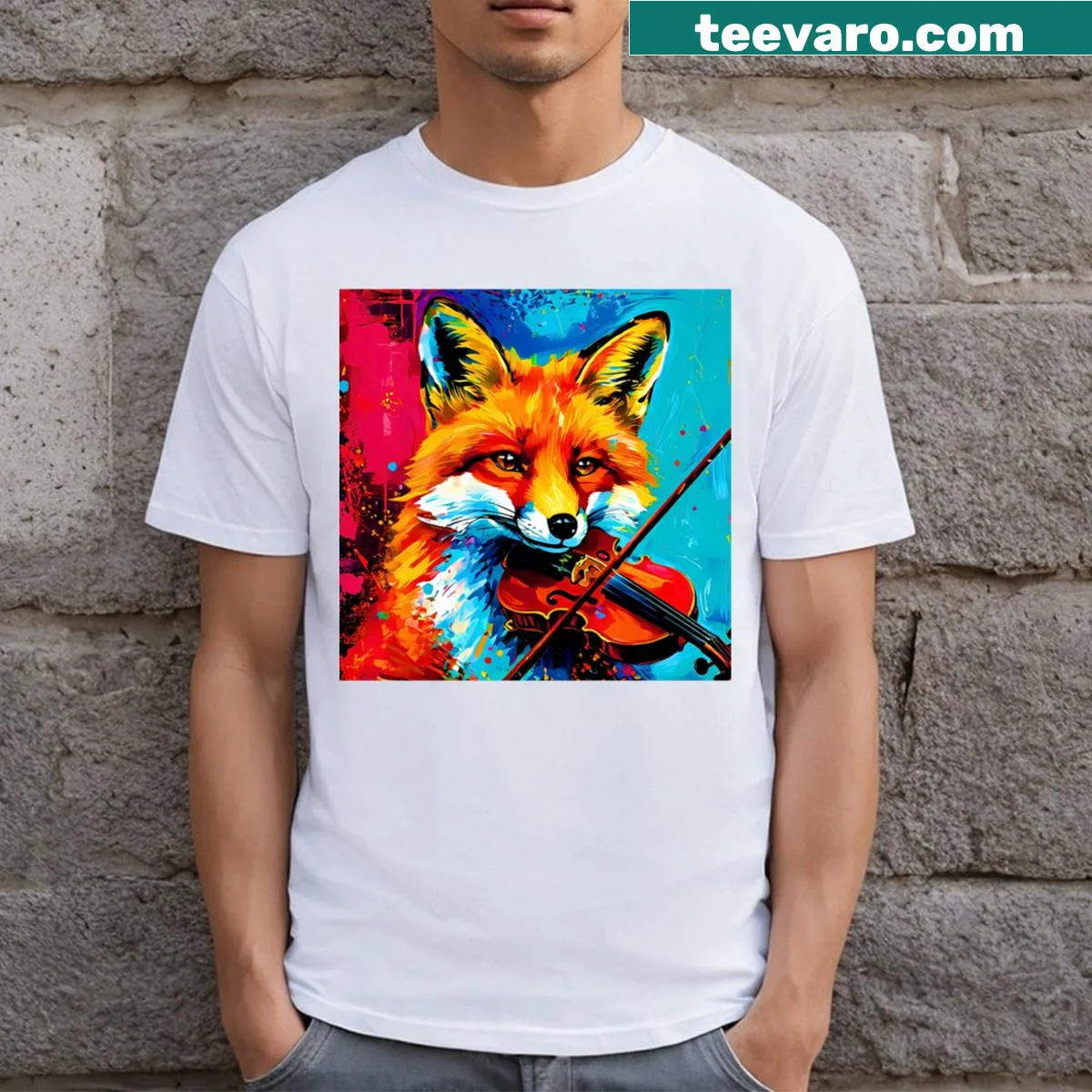 Sad fox playing violin in pop art style on T-shirt — on a men's t-shirt