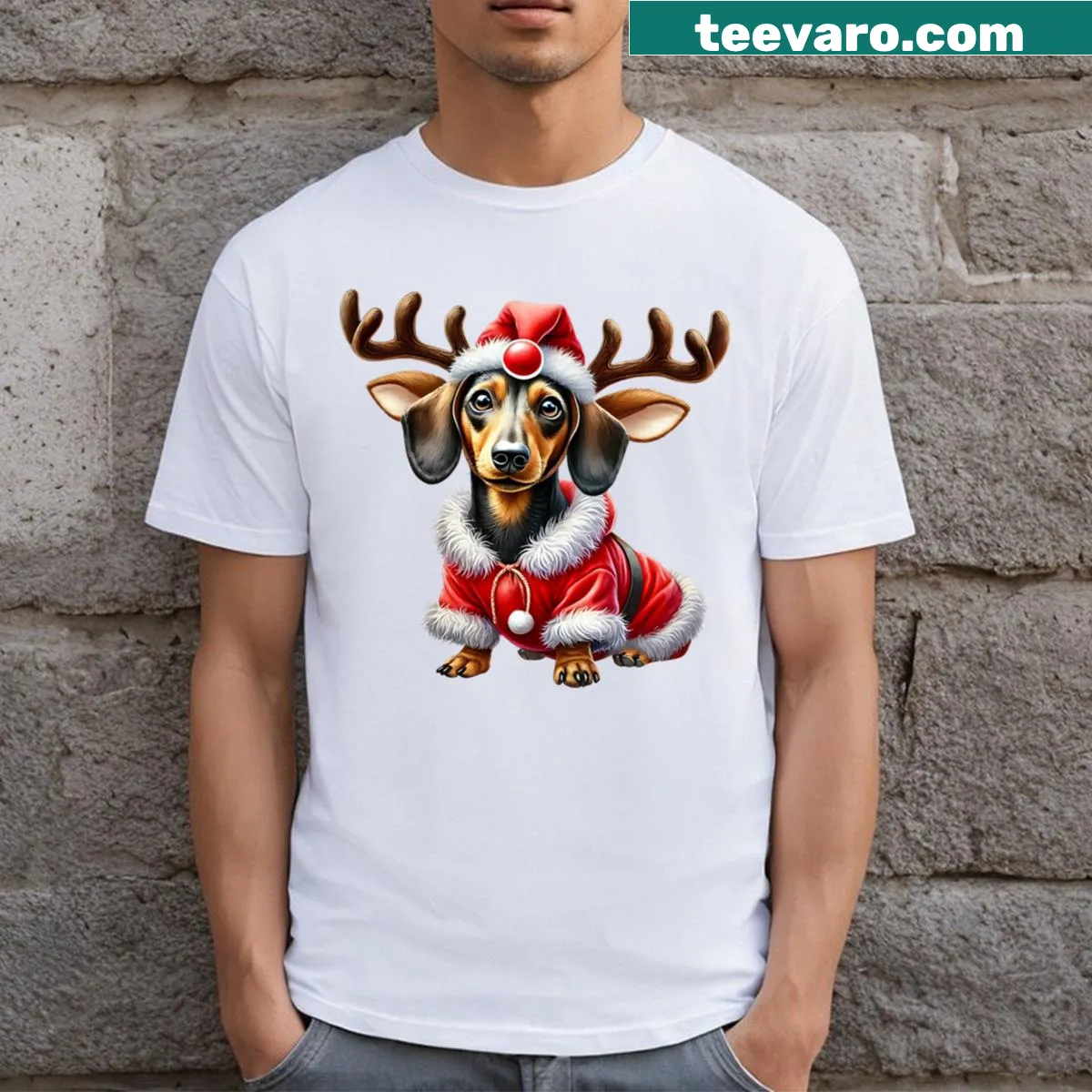 Cute Santa dachshund illustration on a festive t-shirt — on a men's t-shirt
