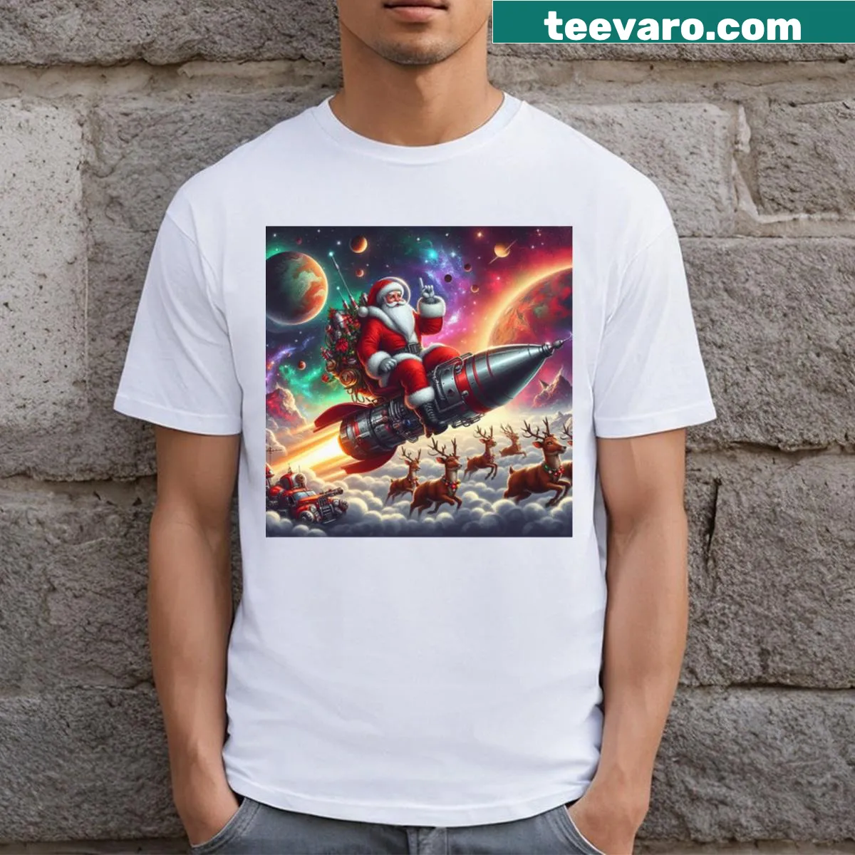 Fun Santa on rocket illustration on a long t-shirt — on a men's t-shirt