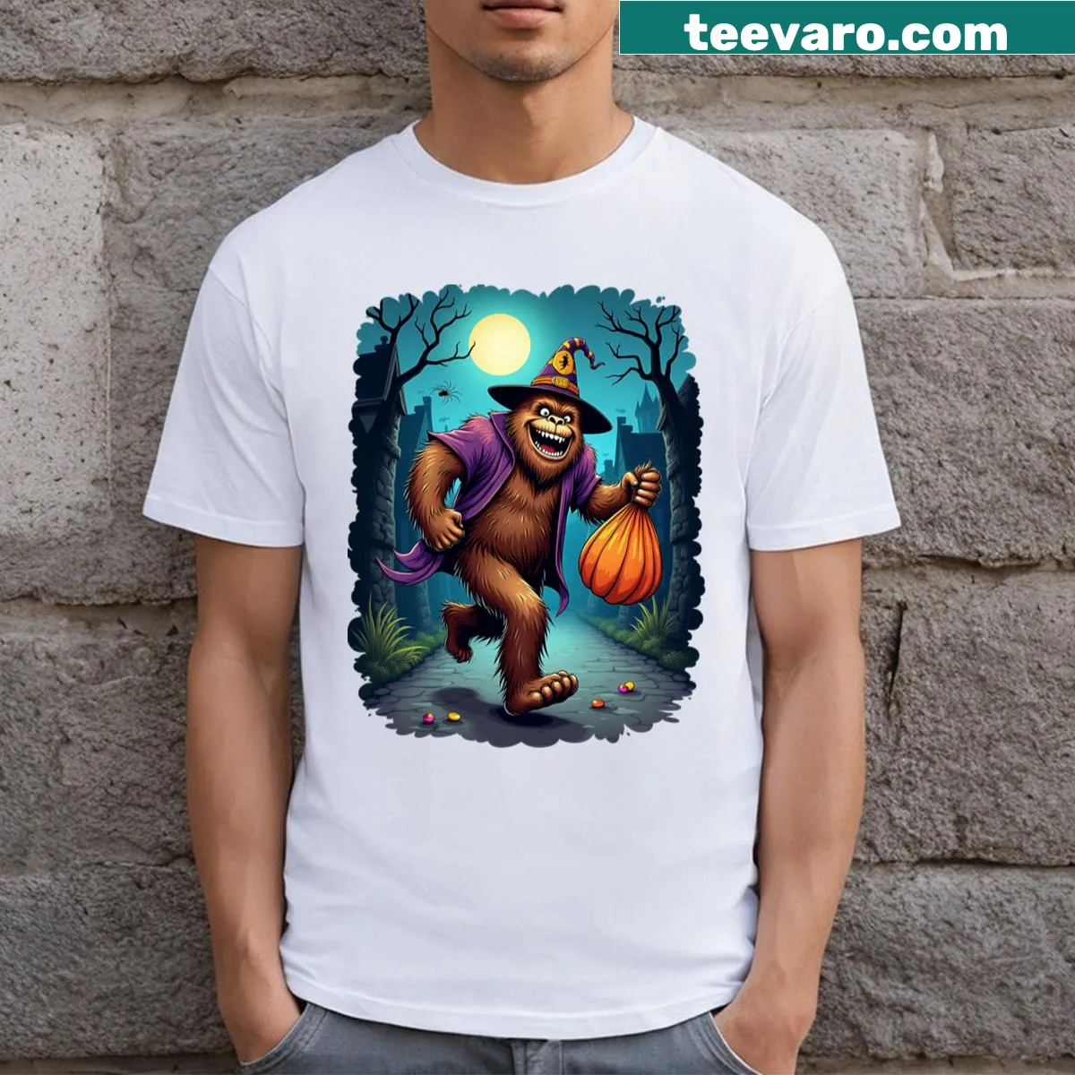 Illustrative T-shirt featuring Sasquatch trick-or-treating for Halloween. — on a men's t-shirt