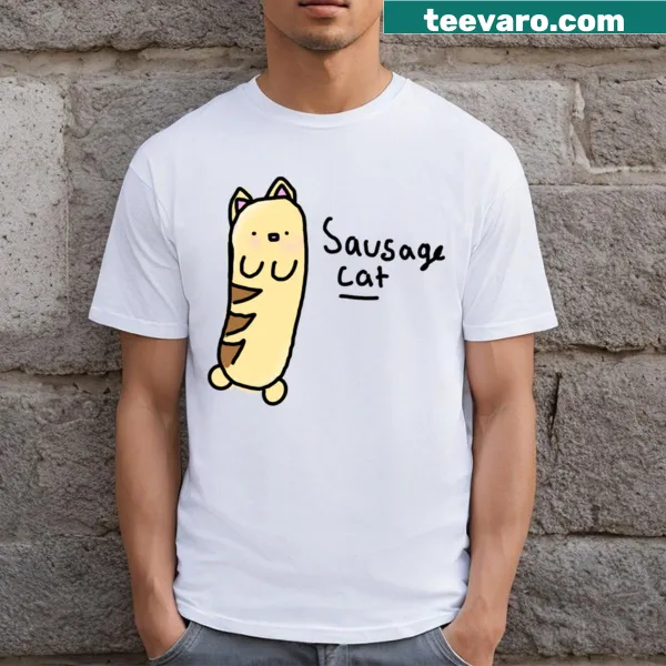 Cartoon T-shirt featuring a cat designed as a sausage, ideal for cat lovers.