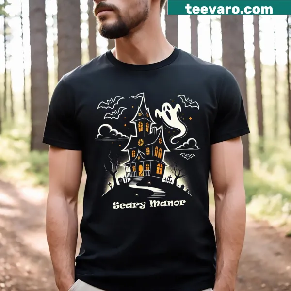 Scary mansion design on Halloween T-shirt