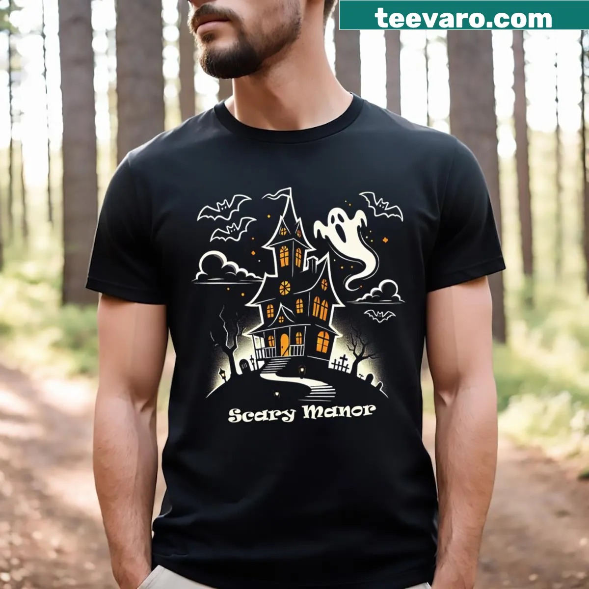 Scary mansion design on Halloween T-shirt — on a men's t-shirt