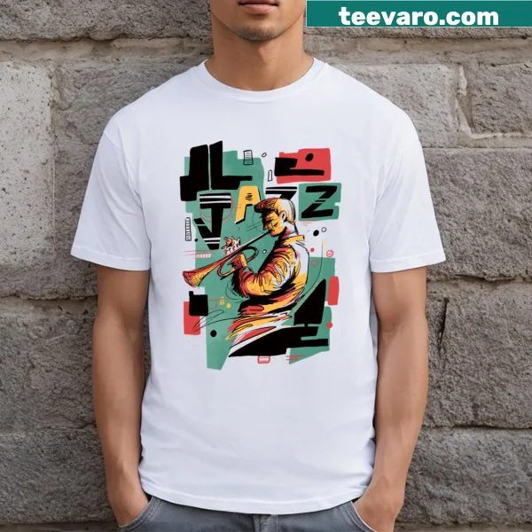 Illustrated saxophone with musical notes on a jazz-themed t-shirt