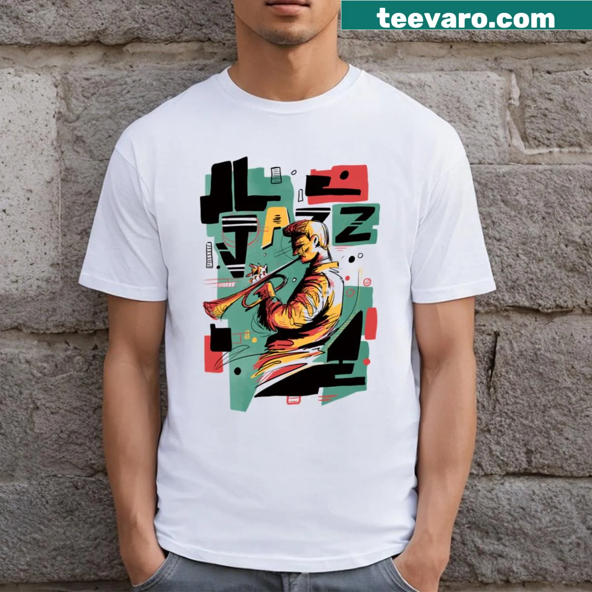 Illustrated saxophone with musical notes on a jazz-themed t-shirt — on a men's t-shirt