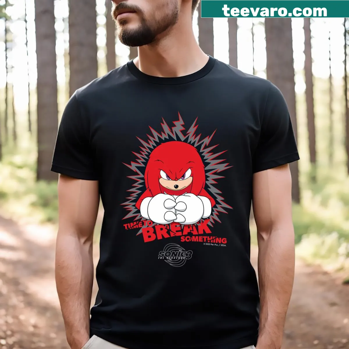 Action graphic featuring Knuckles from Sonic The Hedgehog 3 on a t-shirt — on a men's t-shirt