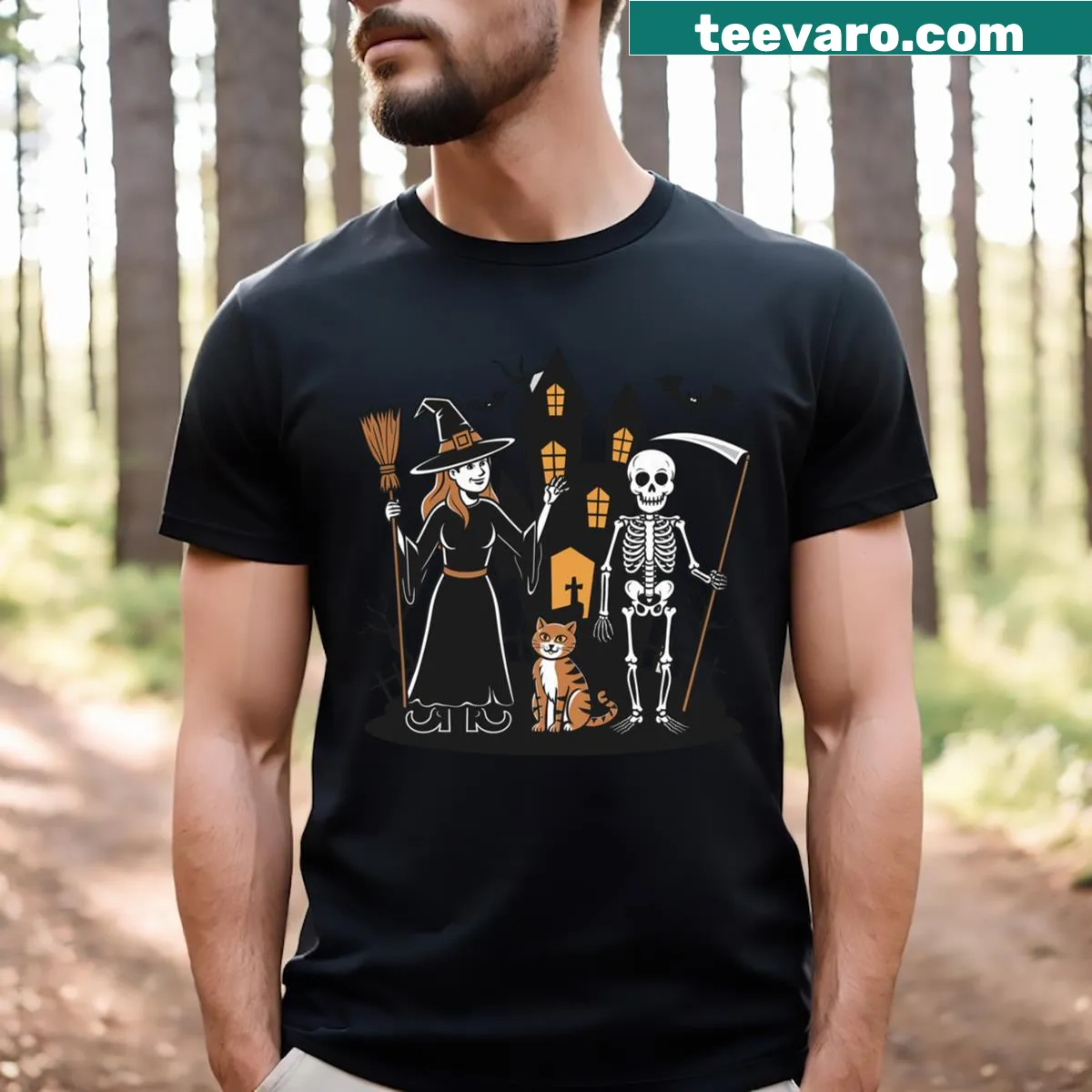 Cartoon design of a spooky crew ready for Halloween — on a men's t-shirt