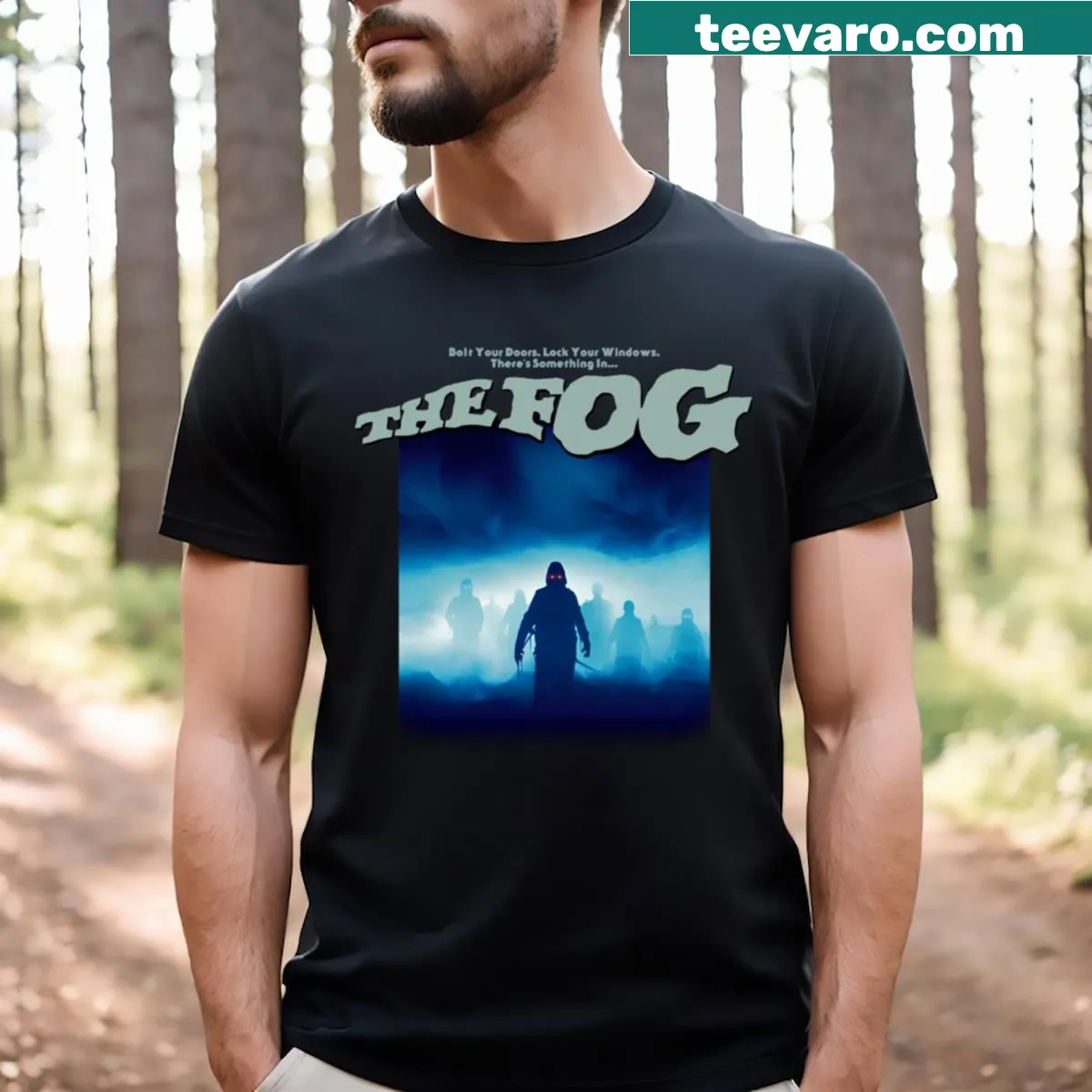 Illustration of spooky figures in fog on Halloween t-shirt — on a men's t-shirt