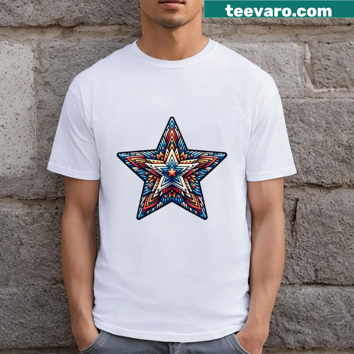 Whimsical star-themed graphic on a T-shirt — on a men's t-shirt