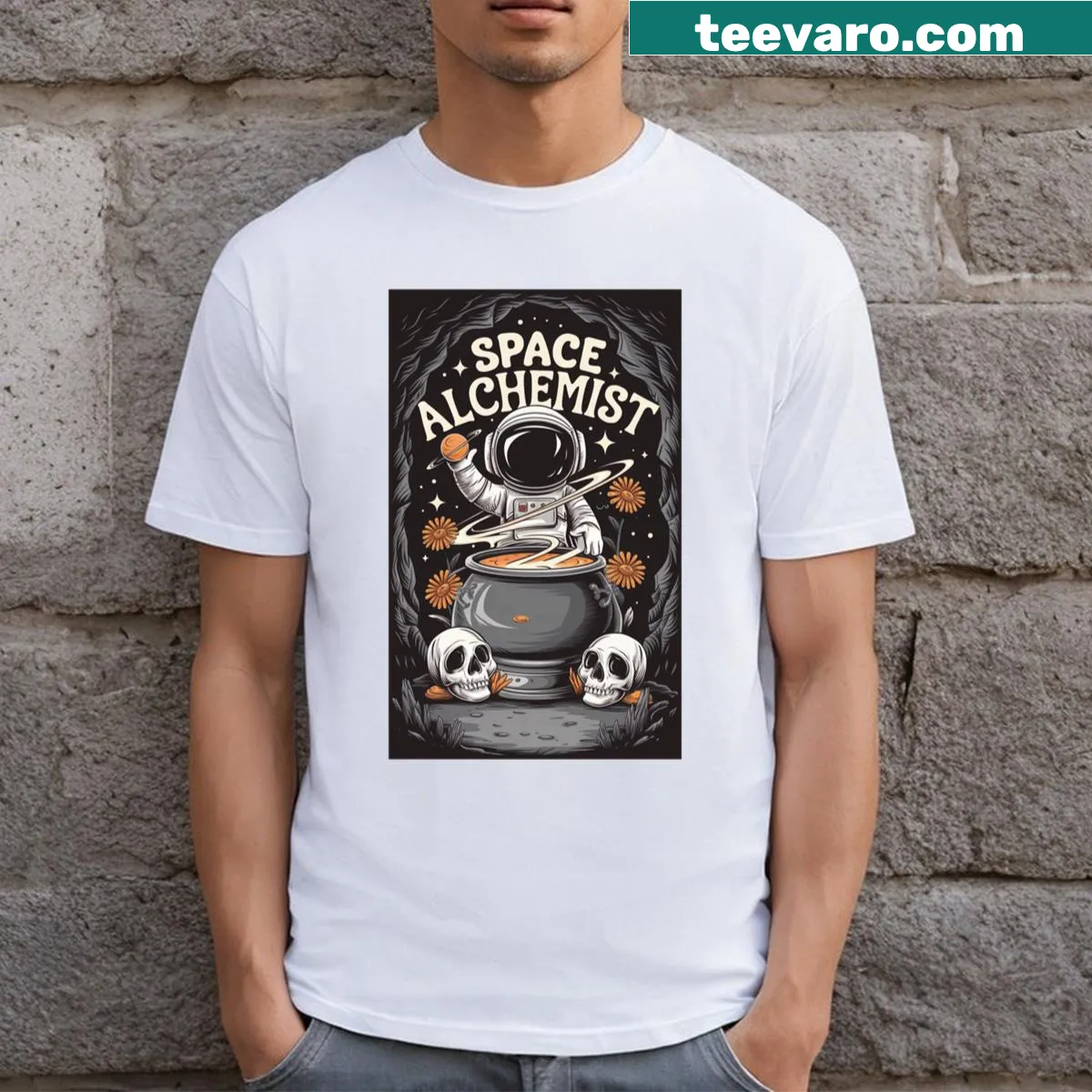 Creative Stellar Sorcery T-shirt with bold typography in a mystical theme — on a men's t-shirt