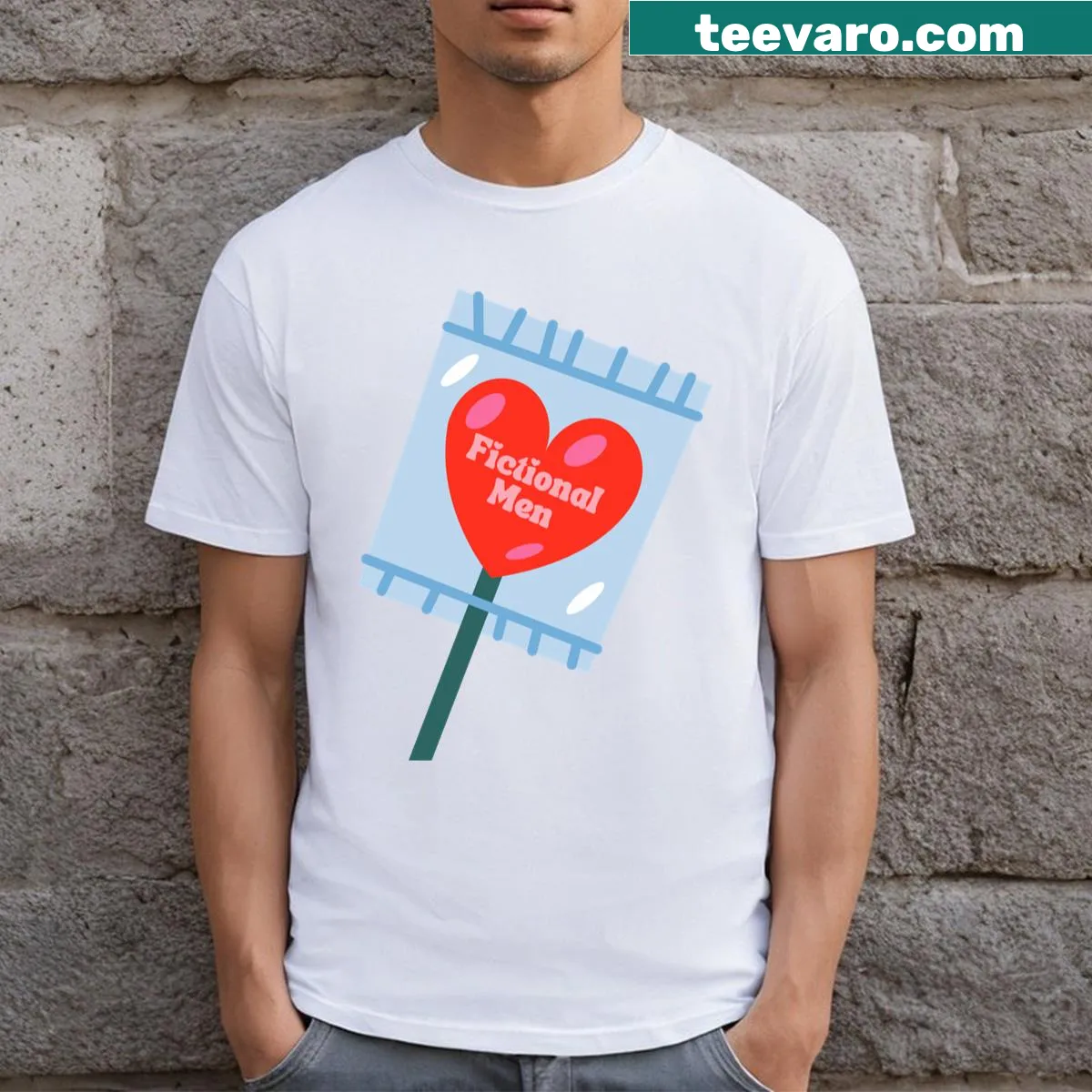 Text-based design saying 'Sucker For Fictional Men' on a t-shirt — on a men's t-shirt