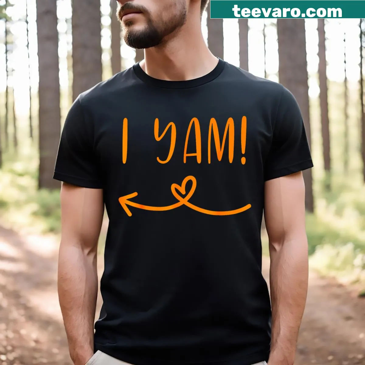 Matching couple t-shirts with sweet potato and yam graphics — on a men's t-shirt