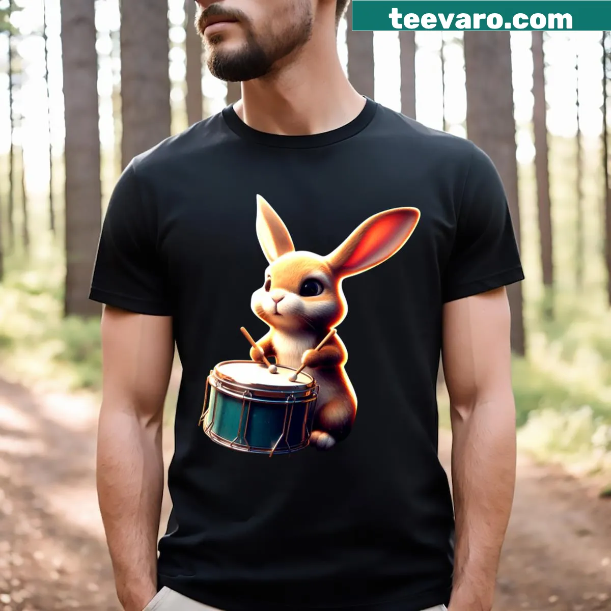 Cute rabbit playing a drum graphic on a t-shirt — on a men's t-shirt