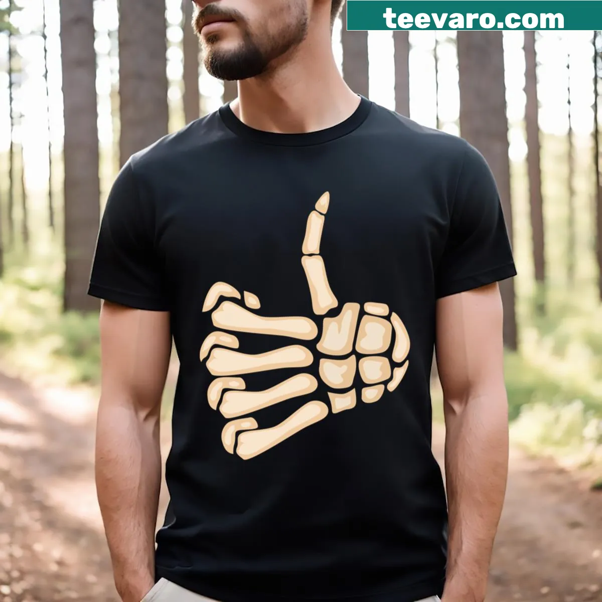 Halloween t-shirt featuring a thumbs-up skeleton hand — on a men's t-shirt