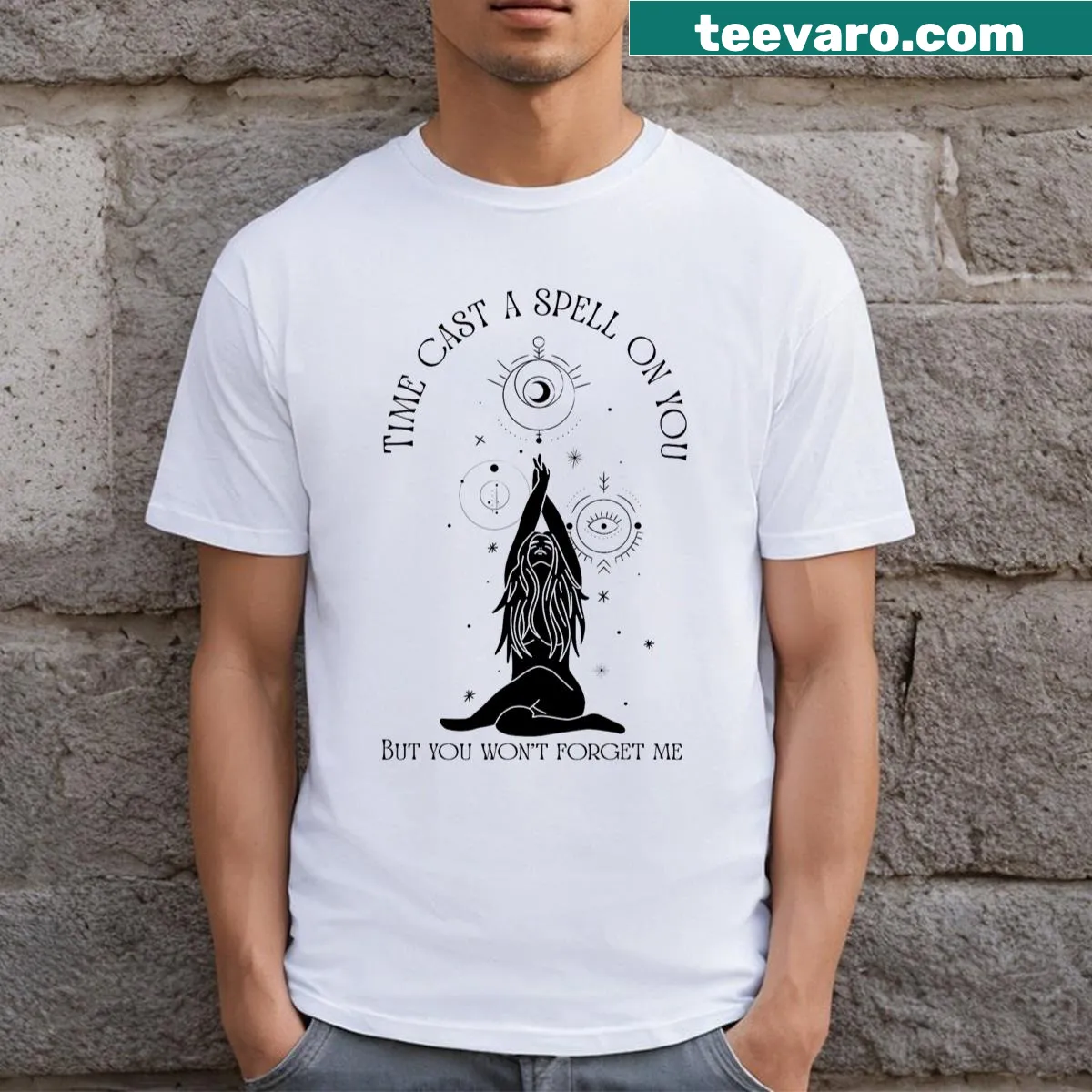 Whimsical t-shirt with magical saying about time — on a men's t-shirt